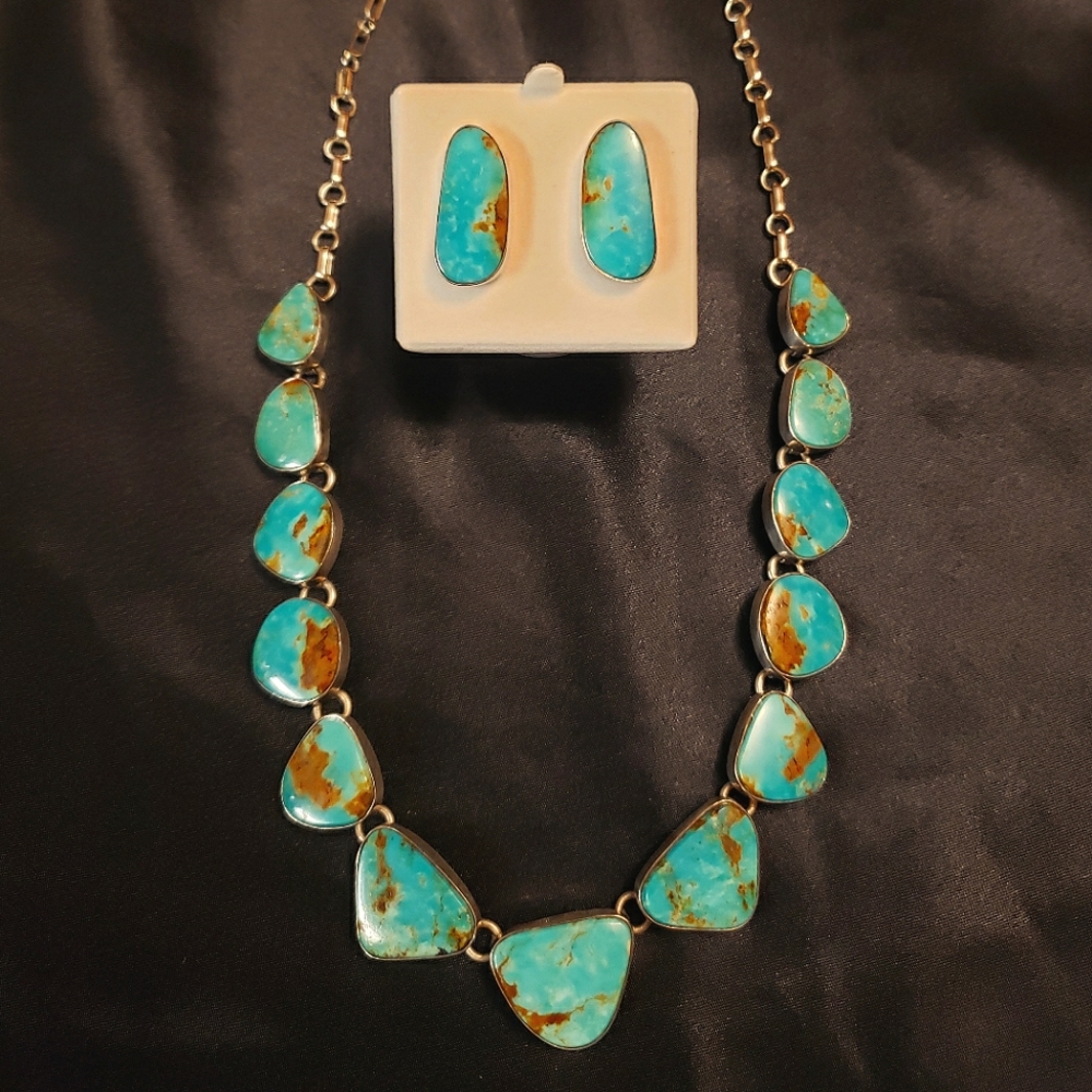 Turquoise Bezel Necklace & Earring Set in Silver 22"
